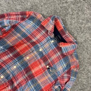 GAP Womens Medium Red Blue Plaid Button Up Long Sleeve Shirt Untucked Fit‎